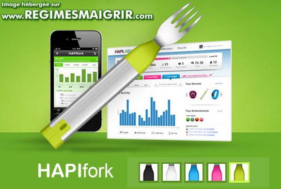 La fourchette intelligente et connectée HapiFork, montrée ici au-dessus d'un graphique visible dans le logiciel vendu dans le même paquet