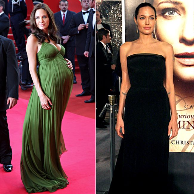 Angelina Jolie posant pour les photographes avant et après sa grossesse