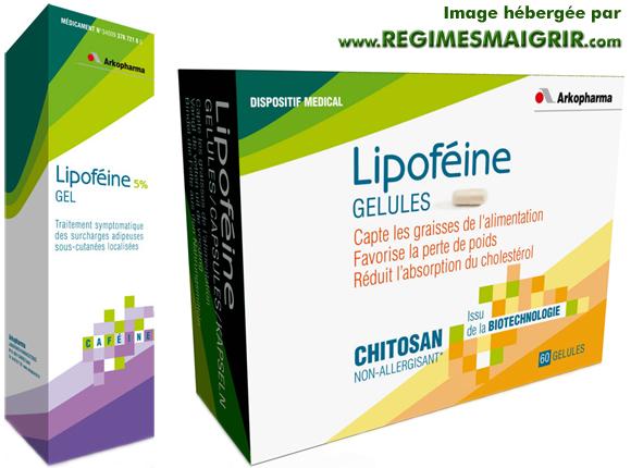Les boîtes du gel et des gélules de Lipoféine, fabriqués par les laboratoires Arkopharma