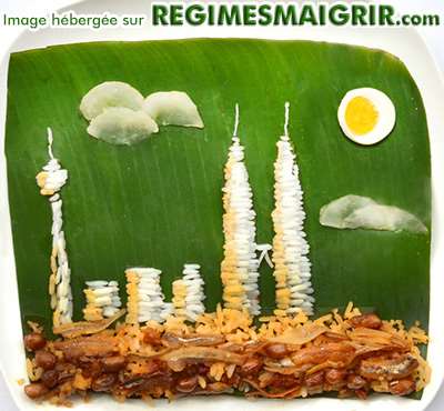Gratte-ciels et paysage urbain sur une feuille du bananier