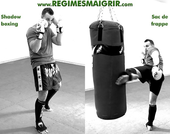 Le coach Julien Hameau en train de faire du shadow boxing et de pratiquer la boxe sur un sac de frappe