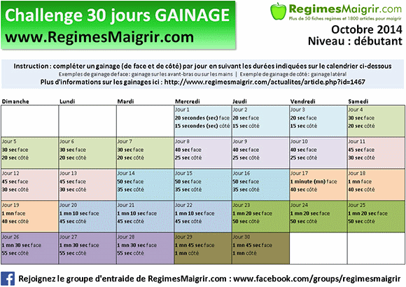 Calendrier d'un challenge 30 jours gainage pour dbutant