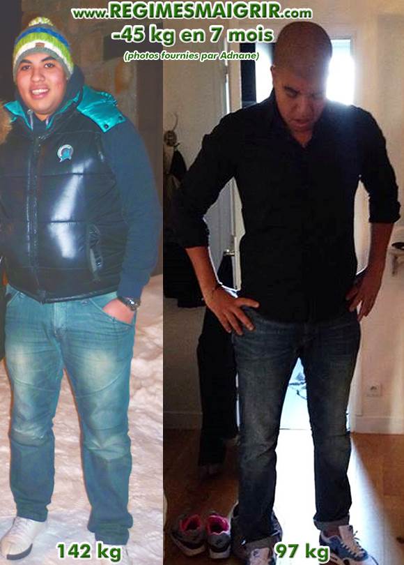Photos avant-après d'Adnane montrant sa perte de 45 kg en 7 mois