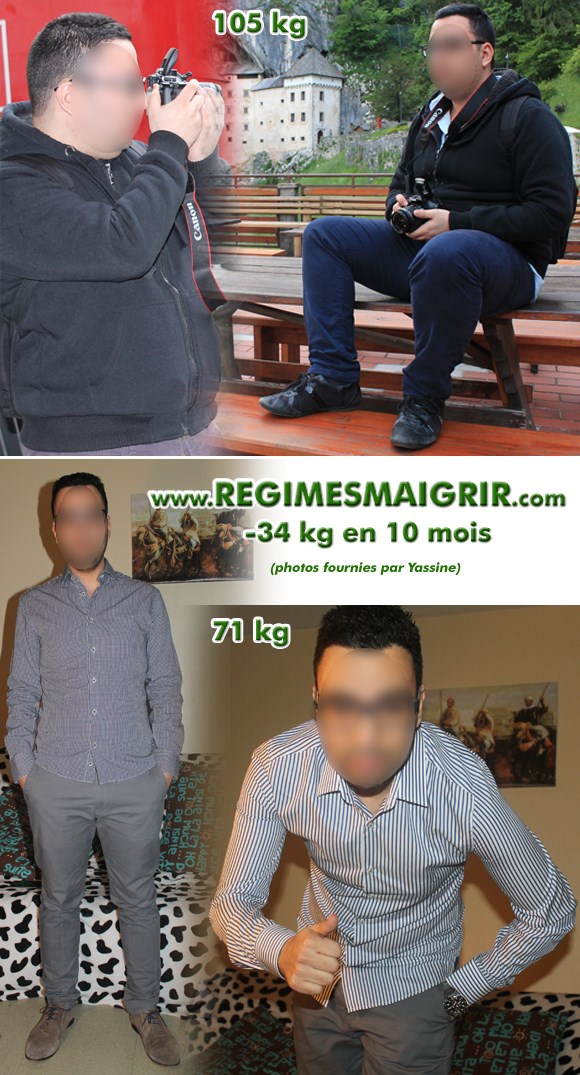 Photos avant-après de Yassine montrant sa fonte de 34 kilos en 10 mois