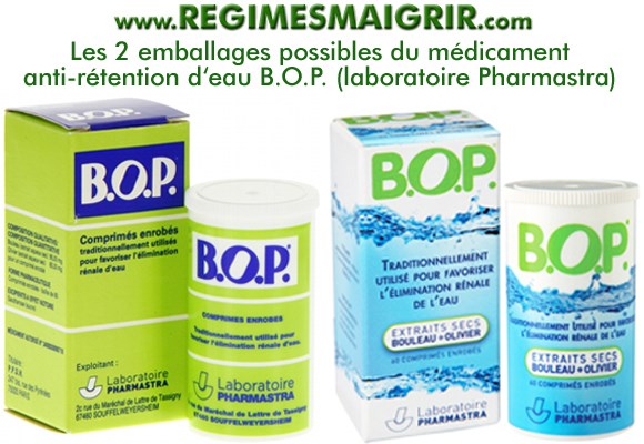 Les deux emballages possibles du mdicament B.O.P. qui favorise l'limination rnale d'eau donc aide  combattre la rtention d'eau